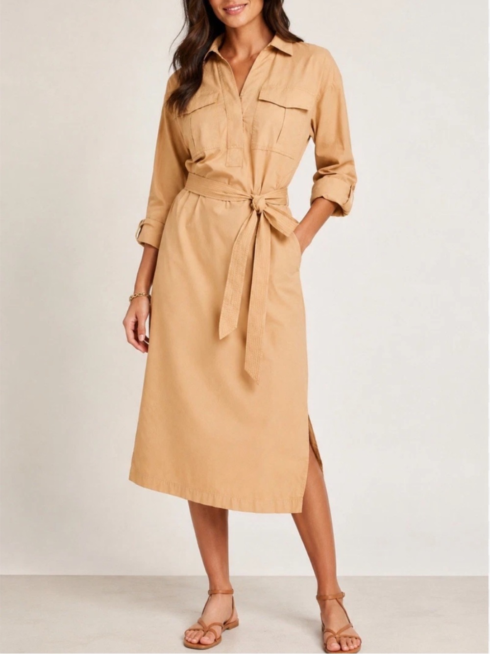 Loft Classic Tan Cotton Shirt Midi Dress